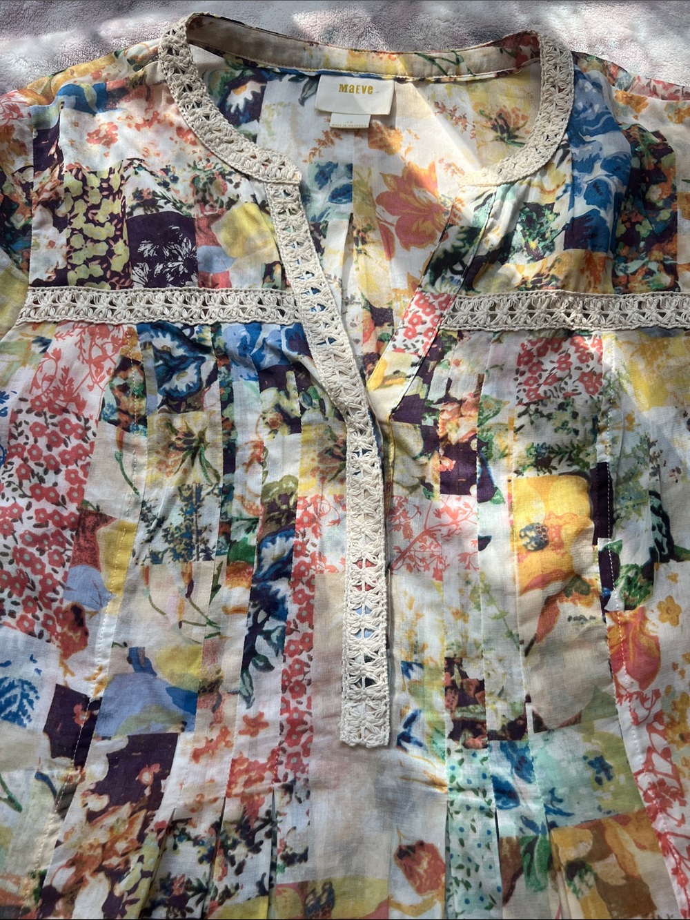 Maeve Multi-Color Floral Patchwork Top with Crochet Trim
